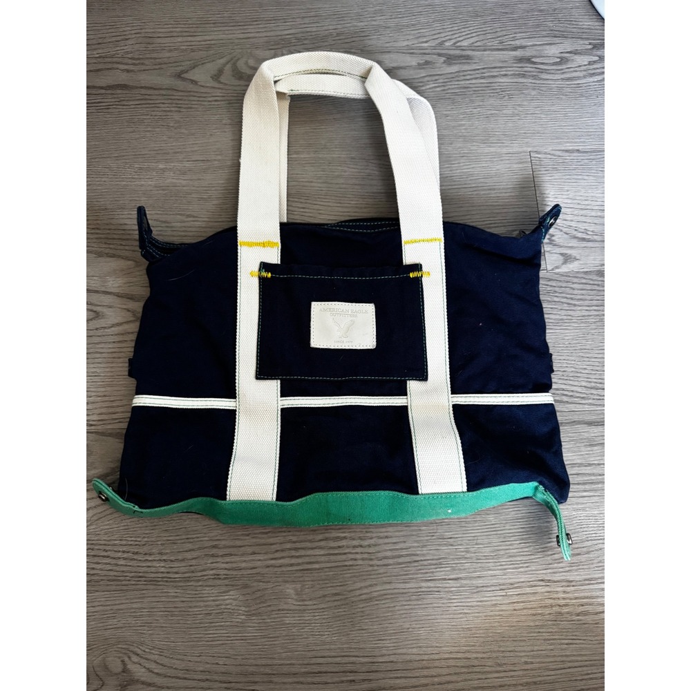 American Eagle Outfitters Navy Canvas Tote Bag Cream Straps Green Trim Zip Top